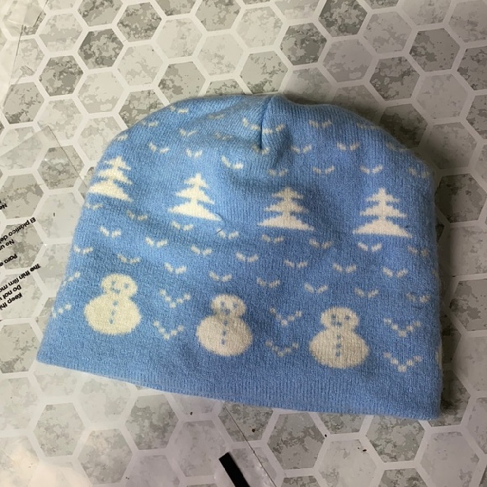 Kids Blue Winter Tree Snowman Beanie Hat
